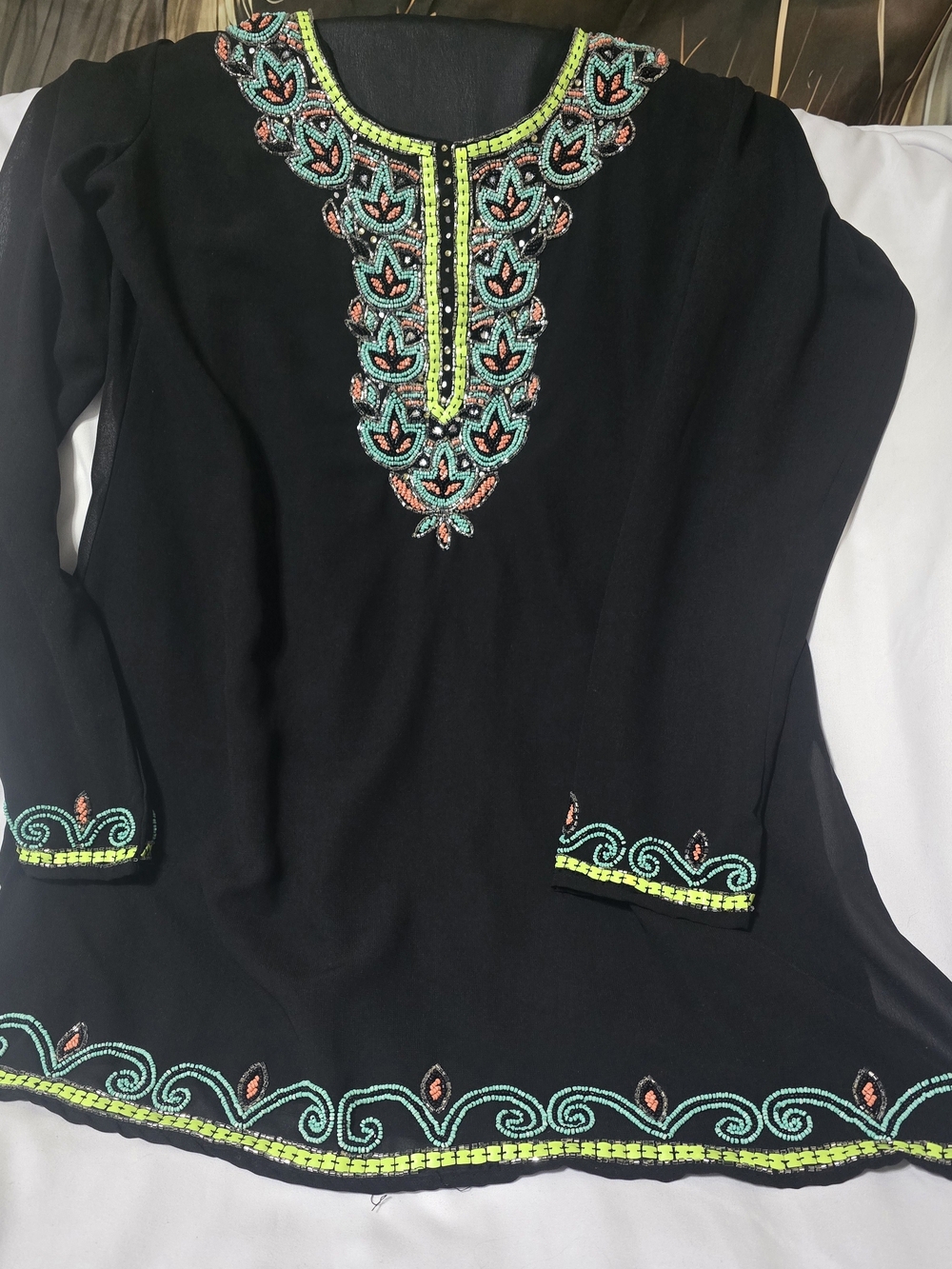 Black Tunic Top with Neon Green & Turquoise Embroidery
